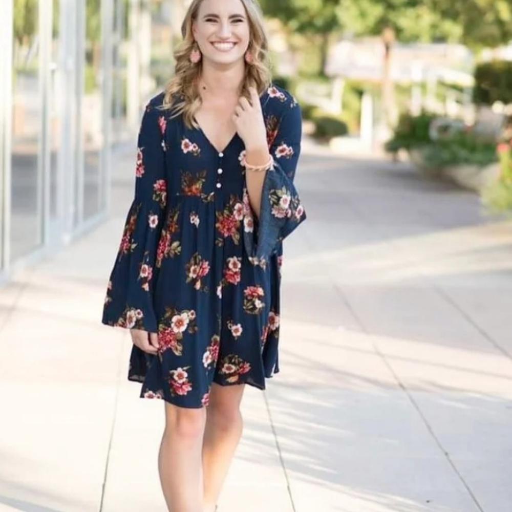 Altar'd State Navy Floral Long Sleeve Dress